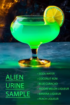 an image of a green drink with lemons on the rim and text that reads alien urine sample