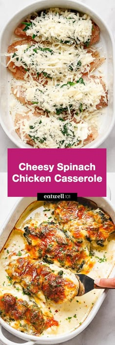 cheesey spinach chicken casserole in a white dish