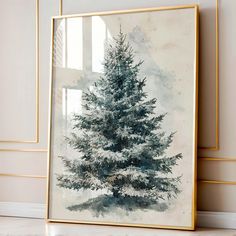 a painting of a pine tree in front of a window with white walls and gold trim