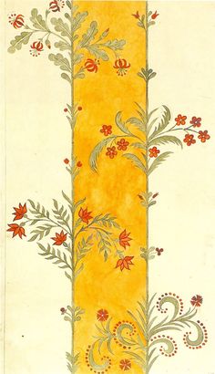 an old painting with flowers and leaves on the side of a yellow striped wallpaper