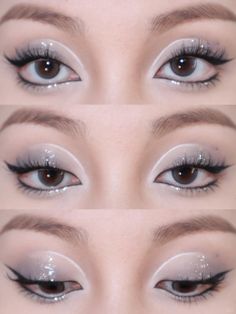 White line shadow eye makeup. Grey And White Makeup Looks, Makeup Looks White Eyeshadow, White Theme Makeup, Creative Black And White Makeup Looks, Cute White Makeup Looks, White Line Makeup, White Under Eyeliner Makeup, White Eyeshadow Makeup Looks, White Shadow Makeup