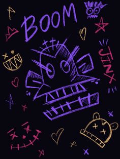 a drawing of a cat with the word boo on it's face and other doodles