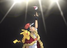 an animated image of a person throwing a ball in the air with pikachu on his arm