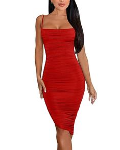 Buy BEAGIMEG Women's Ruched Backless Spaghetti Strap Bodycon Party Club Midi Dress Red at Amazon.in Midi-length Bodycon Dress With Ruched Back For Date Night, Stretch Bodycon Dress For Clubbing, Midi Length, Red Ruched Midi-length Bodycon Dress