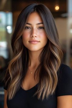 Brunette Coffee Balayage, From Blonde To Dark Brown Hair, Light Brown Hair With Ombre, Balayage Long Brown Hair, Summer To Fall Brunette Hair, Straight Fall Hair Color, Partial Baylage Brunette, New Hair For Brunettes, Unique Dark Hair Color Ideas Brunettes