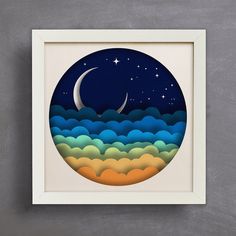 an image of a night sky with stars and moon in the clouds on paper cutout