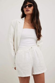 Elastic Linen Shorts White | NA-KD White Linen Shorts With Built-in Shorts, White Linen Shorts With Pockets, Linen Drawstring Shorts For Day Out, White Linen Shorts For Loungewear, Trendy Linen Shorts For Day Out, White Drawstring Shorts For Spring, Brazilian Cut, Linen Material, Future Fashion