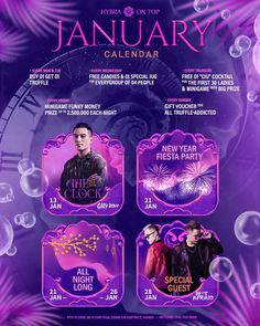 an event poster for the new year's eve party with two men in purple outfits