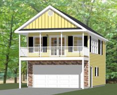 this is an artist's rendering of a two - story house with porches and garage