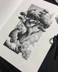 an ink drawing of a tree with waves coming out of its trunk and the sky in the background