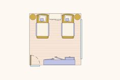 a floor plan for a bedroom with two beds and a desk in the corner,