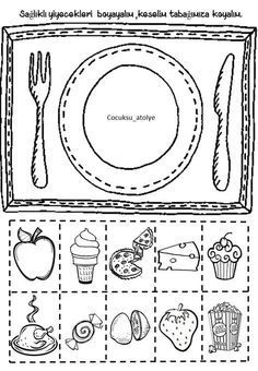 a black and white drawing of a place setting with food items in the middle, including an apple