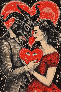 an image of a man and woman kissing in front of a red heart with horns on it