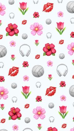 a white background with pink and red flowers, headphones, and volleyball balls on it