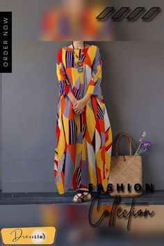 Oversized Women Retro Cotton 3/4 Sleeve Long Shirt Dress Crew Neck Kaftan Geometric Printed Maxi Sundress Yellow Printed Long Sleeve Kaftan, Yellow Long Sleeve Printed Kaftan, Long Sleeve Multicolor Kaftan For Spring, Multicolor Half Sleeve Maxi Dress For Vacation, Casual Yellow Long Sleeve Kaftan, Yellow Long Sleeve Casual Tunic, Multicolor 3/4 Sleeve Maxi Dress For Vacation, Multicolor Half Sleeve Maxi Dress For Beach, Long Sleeve Patchwork Kaftan For Summer