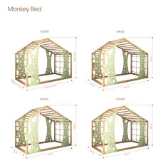 three different types of bunk beds with measurements for each bed and the top one has a canopy