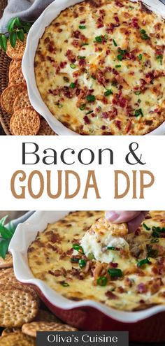 bacon and goudaa dip in a casserole dish with crackers on the side