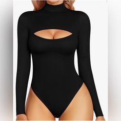 Nwt Women’s Mangopop Black, Long Sleeved Bodysuit With Opening In The Chest Area. Size: Small Trendy High Stretch Black Bodysuit, Trendy Black One-piece Bodysuit, Long Sleeved Bodysuit, Body Suits, Cutout Bodysuit, Black Bodysuit, Long Sleeve Bodysuit, Woman Colour, Spandex Fabric