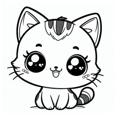 a cartoon cat with big eyes sitting down and looking at the camera, coloring page