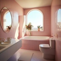 a bathroom with pink walls and flooring has a round window above the bathtub