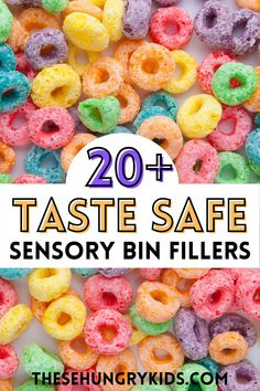 the words, 20 taste safe sensory bin fillers are in front of a white background