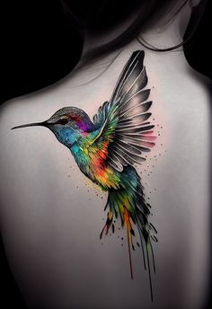 a colorful hummingbird tattoo on the back of a woman