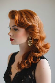 74+ Captivating Copper Hair Color Ideas Hollywood Side Swept Hair, Balayage Hollywood Waves, Rich Lady Hairstyle, Old Hollywood Red Hair, Vintage Hairstyles For Wedding, Hollywood Waves Red Hair, Long Red Hair Styles, Hairstyle To The Side