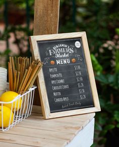 a chalkboard menu with lemons and cinnamon sticks