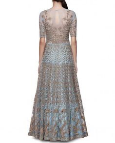 Powder Blue Gotta Patti Gown Gotta Patti Lehenga, Powder Blue Gown, Sharara Saree, Indowestern Gowns, Reception Gowns, Indo Western Gown, Sharara Suits, Curated Outfit, Gotta Patti