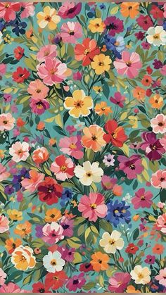 an image of a colorful flower pattern on a blue background with pink, yellow and orange flowers