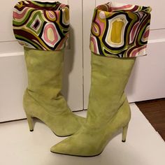 Emilio Pucci Fabulous Suede Boots In A Beautiful Shade Of Green That Can Be Worn Cuffed To Show His Signature Print Lining; Measuring 16” From The Bottom Of The Boot To The Top, Up The Back, When Cuffed (Including The 3-7/8” Heel) & 19.5” When Not Cuffed. Size 36-1/2 Fits Me Like A 7 To 7-1/2; Purchased From Neiman Marcus & Although Only Worn Once When On A Trip, There Are Very Minor Signs Of Wear, Pictured; Excellent Condition! Shoes Pumps, Signature Print, Emilio Pucci, Suede Boots, Shoes Heels Boots, Shades Of Green, Shoes Women Heels, Neiman Marcus, Heeled Boots