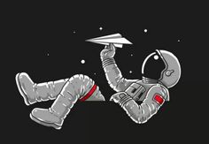 an astronaut floating in space with a paper airplane