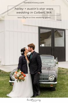 a bride and groom kissing in front of an old car with the caption that reads, haley - gustin's star wars wedding in coleert, wa