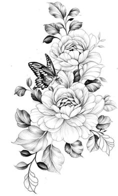 a black and white drawing of flowers with a butterfly on the top of one flower