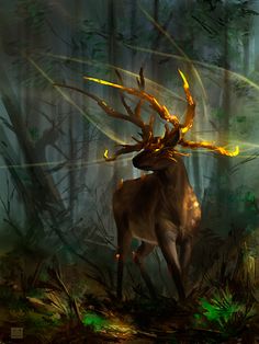 a painting of a deer standing in the middle of a forest with yellow light coming from its antlers