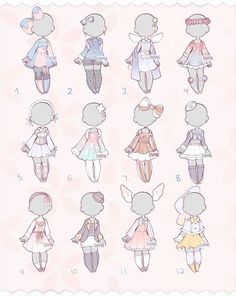 an illustrated drawing of different types of girls's clothes and outfits for the doll maker