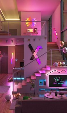 a living room filled with lots of furniture and pink lighting on the wall above it