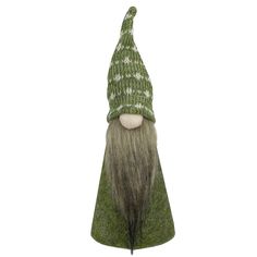 a green and white knitted gnome hat on top of a wooden head with long hair