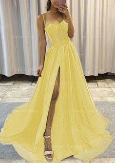 A Line Sweetheart Spaghetti Straps Sweep Train Tulle Glitter Prom Dress Outfits For Women With Appliqued Grade Dresses, Colorful Prom Dresses, Yellow Prom Dress, Glitter Prom Dress, Sweep Train Prom Dress, Navy Prom Dresses, Yellow Prom, Dark Red Dresses, Dress Hire