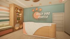 the front desk of billy dog center is decorated in pastel colors and features an animal print