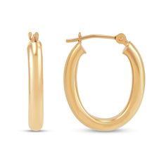 Dress up your day or nighttime looks with these classic oval tube hoop earrings. Hollow 14K gold. Each 20.0mm oval-shaped hoop features a 3.0mm polished tube. Latch backs. Hoop Earrings, Gold