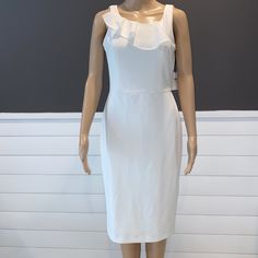 Calvin Klein Dress New , Size 4, Color Cream Fitted White Calvin Klein Mini Dress, Calvin Klein White Fitted Mini Dress, White Fitted Calvin Klein Mini Dress, White Sheath Midi Dress In Feminine Style, White Feminine Sheath Midi Dress, Feminine White Sheath Midi Dress, White Sleeveless Knee-length Formal Dress, White Sleeveless Knee-length Dress For Formal Occasions, White Sheath Dress With Ruffles