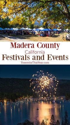 fireworks are lit up in the sky above water and trees with tents set up around them