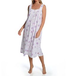 Soft cotton nightgown with a pretty floral print and details to match. Square neckline is outlined with a floral applique border. Functional partial button closure at front opens with five flower-shaped buttons. Buttons are polished genuine shell. Ruching above bust gives front a fuller fit. Wide straps are lined with same cotton fabric for soft contact with floral applique along the sides. High back coverage. Back is ruched to add fullness. Vents at hemline keep fit open for easy movement. Hang Feminine Sleeveless Floral Print Nightgown, Spring Floral Print Sleeveless Nightgown, Feminine Floral Print Nightgown For Daywear, Sleeveless Floral Print Nightgown, Sleeveless Floral Print Sleepwear For Bedtime, Sleeveless Floral Print Sleepwear For Lounging, Sleeveless Floral Print Sleepwear For Sleepovers, Sleeveless Cotton Floral Print Nightgown, Sleeveless White Nightgown With Floral Print