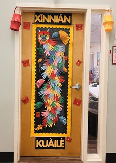 a door decorated with an image of a bird