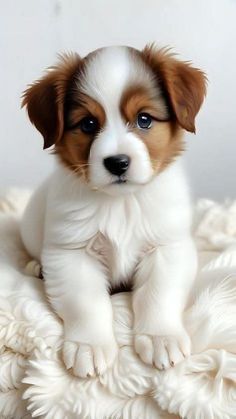 a puppy sitting on top of a white blanket