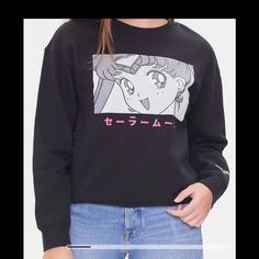 Pretty Guardian Sailor Moon Womens Sweatshirt Size S New Never Used 90s Inspired Black Crew Neck Top, Fall Anime Print Crew Neck Top, 90s Inspired Long Sleeve Letter Print Tops, 90s Inspired Long Sleeve Top With Letter Print, Trendy Forever 21 Tops With Graphic Print, 90s Inspired Long Sleeve Graphic Top, 90s Inspired Long Sleeve Graphic Print Tops, Forever 21 Black Crew Neck T-shirt, Forever 21 Graphic Print Tops For Streetwear