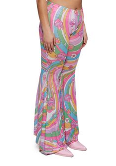 cuz welcome to your psychedelic fairytale. These pants have a mesh construction, an all over trippy mushroom floral print, an elastic waistband, a flared leg silhouette, and a lettuce hem. Retro Flare Bottoms For Festival, Retro Stretch Bottoms With Floral Print, Spring Hippie Wide Leg Flares, Hippie Wide Leg Spring Flares, Hippie Wide Leg Flares For Spring, Groovy Flare Stretch Bottoms, Groovy Pants For Spring Festival, Groovy Festival Pants For Spring, Floral Print Flare Bottoms For Spring