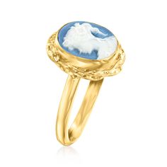 Ross-Simons - Italian Blue Porcelain Cameo Ring in 18kt Gold Over Sterling. Size 6. Get the bygone look for a great price! From Italy, this demure ring features a 9.5x7.5mm blue porcelain cameo of a young woman. Crafted in polished 18kt yellow gold over sterling silver with a stylish twisted frame around the portrait. 1/2" wide. Blue porcelain cameo ring. Italian Blue, Blue Porcelain, Cameo Ring, Sterling Jewelry, Designer Sandals, Wedding Bells, Young Woman, Contemporary Style, Porcelain