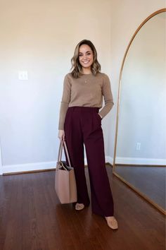 The perfect cashmere sweater, available in more than a dozen hues. Our current favorite for fall is this oatmeal color—a classic neutral that works with all the burgundy and gray you've also got on deck for the season. The Mongolian Cashmere Crewneck Sweater, always fairly priced at $50. Fashion Outfits Wide Leg Pants, Burgundy Wide Leg Pants Outfit, Maroon Trousers Outfits Women, Burgundy Pants Outfit, Burgundy Trousers, December Outfits, Wide Leg Pants Outfit, Wide Leg Pants Outfits, Burgundy Outfit